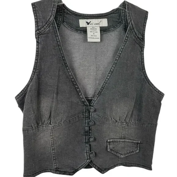 Wet Seal Vintage Sleeveless Denim Vest Women Black Grunge Western Y2K Medium - Picture 1 of 5